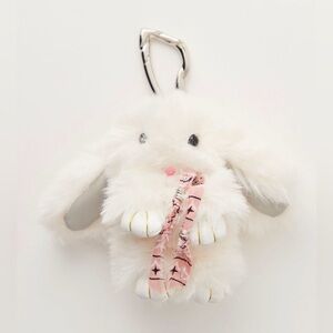 Free People White Furry Bunny Keychain with Pink Patterned Scarf